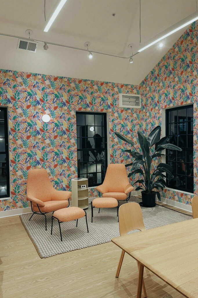Minimal style living room decorated with Colorful flowers and leaf peel and stick wallpaper and mid-century style chairs
