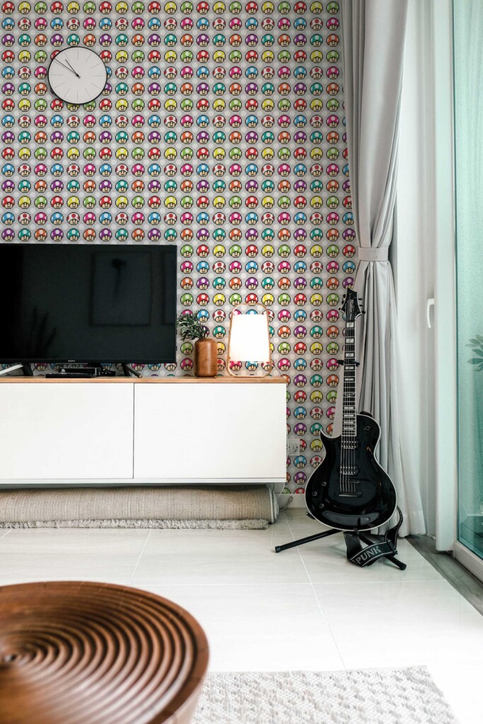 Colorful peel and stick wallpaper with mushroom pattern by Fancy Walls