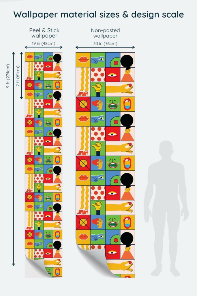 Size comparison of Colorful Funky Fun Peel & Stick and Non-pasted wallpapers with design scale relative to human figure