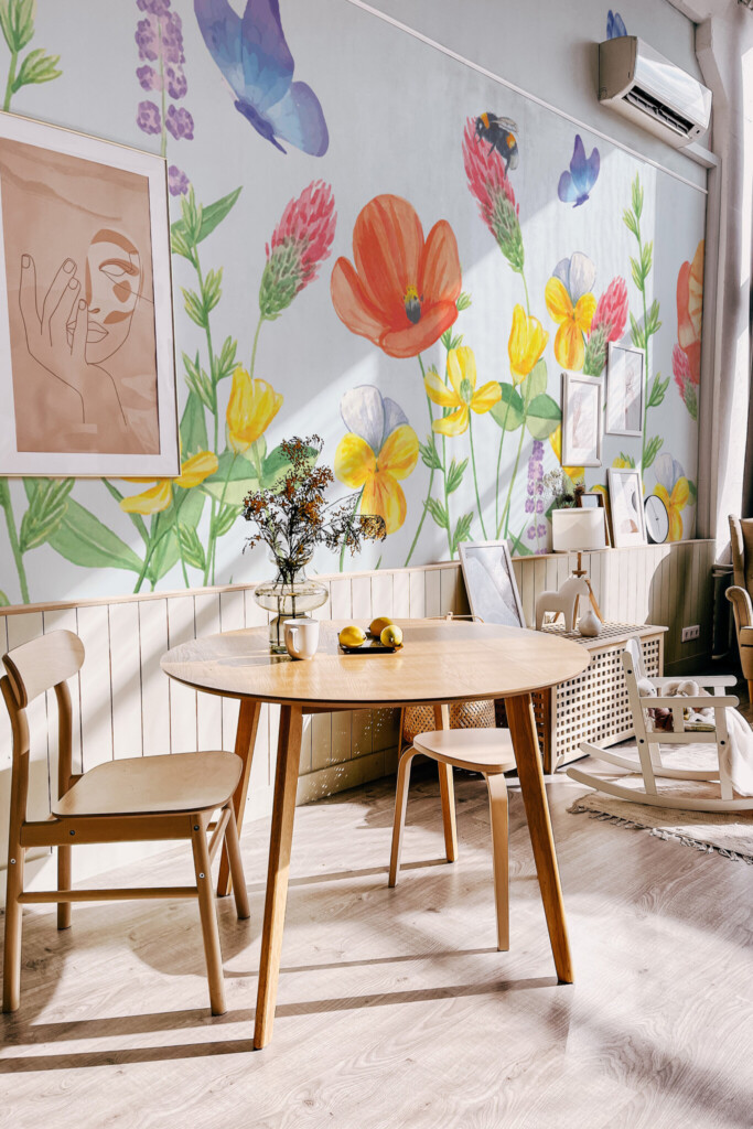 Wall mural peel and stick with blooming poppies lavender violets and bumblebee in bold eclectic floral style by Fancy Walls
