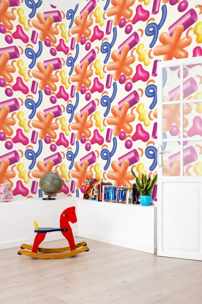 Vibrant Colorful wallpaper peel and stick or non-pasted. Fancy Walls self-adhesive or traditional playful 3D shapes wallpaper for cozy kids rooms and game rooms