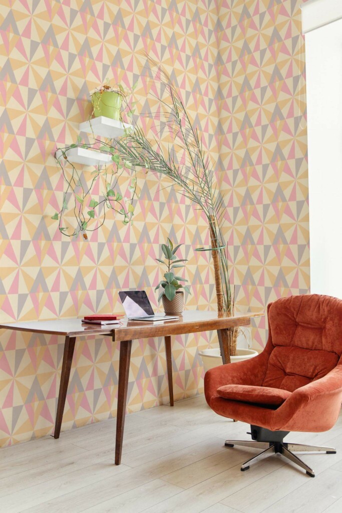 MId-century boho style home office decorated with Colorful geometric retro peel and stick wallpaper