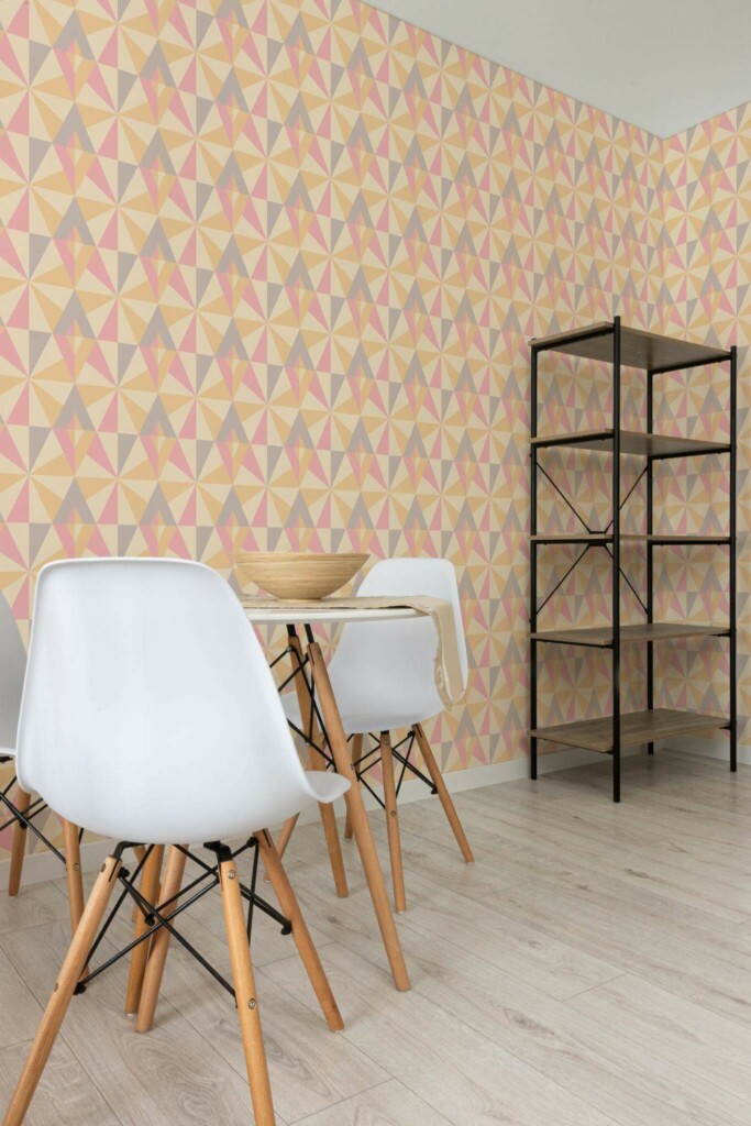Minimalist style dining room decorated with Colorful geometric retro peel and stick wallpaper
