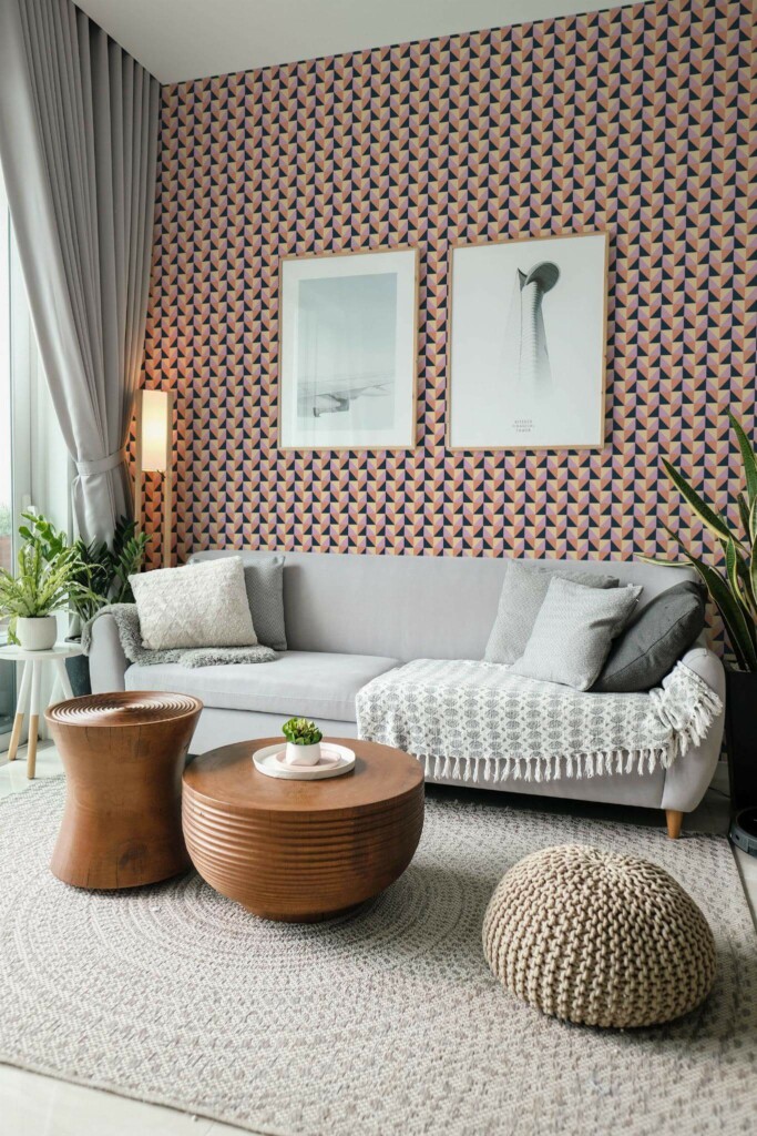 Modern scandinavian style living room decorated with Colorful geometric triangles peel and stick wallpaper and green plants