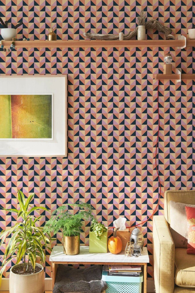 Southwestern style living room decorated with Colorful geometric triangles peel and stick wallpaper