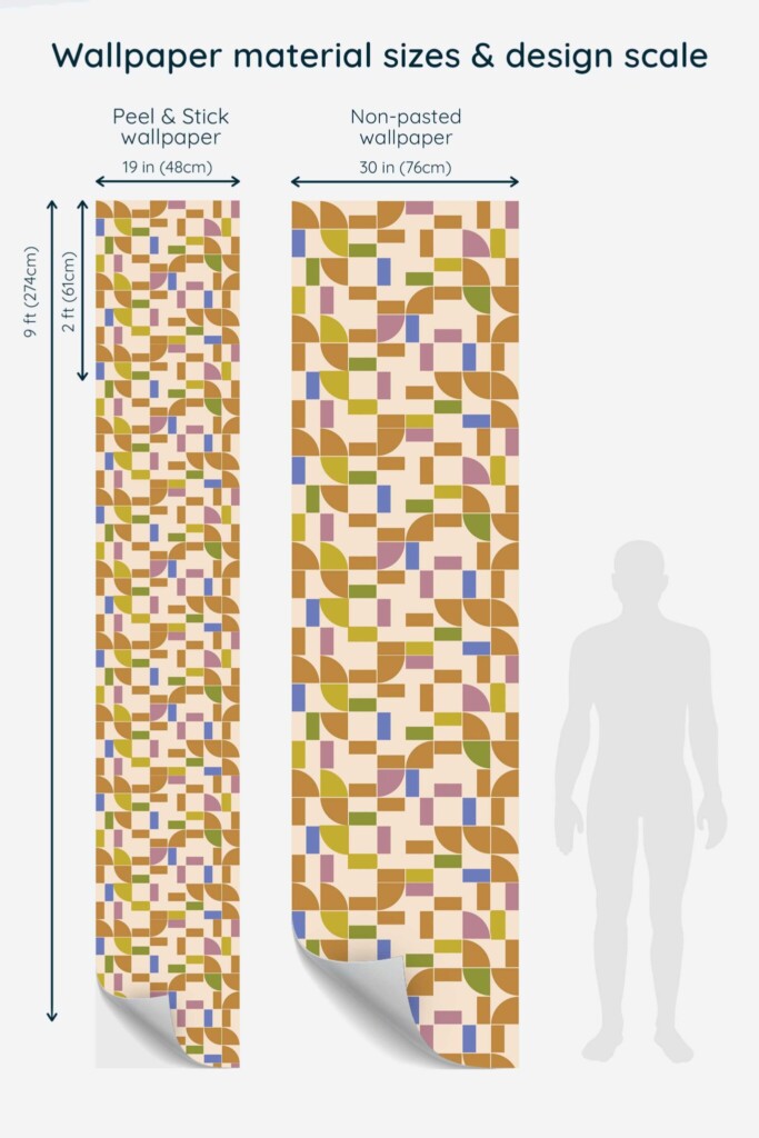 Vertical panel preview of Groovy Geometric wallpaper showing the full tile repeat in warm tones. Useful for visualizing the pattern’s scale and layout for use in kitchens, cafés, or bakery walls.