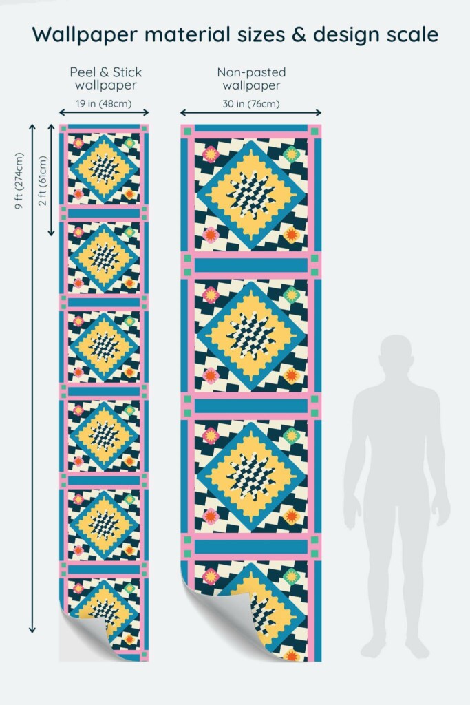 Size comparison of Colorful Groovy Rug Peel & Stick and Non-pasted wallpapers with design scale relative to human figure