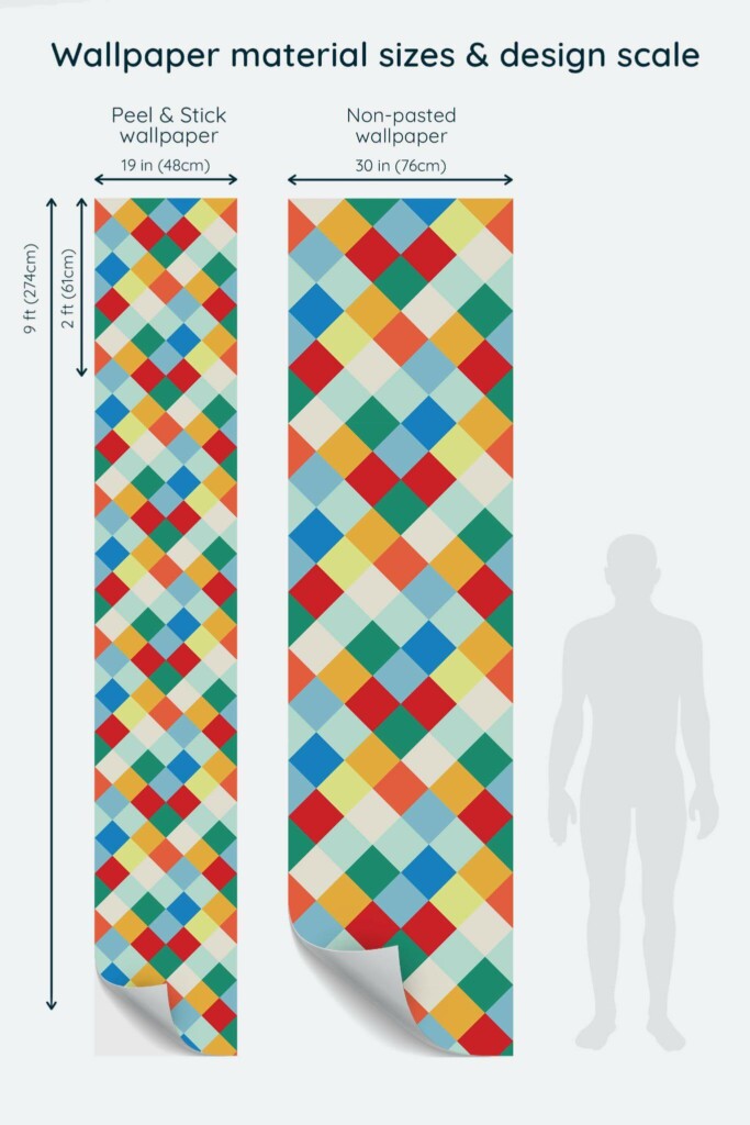 Size comparison of Colorful Harlequin Blend Peel & Stick and Non-pasted wallpapers with design scale relative to human figure