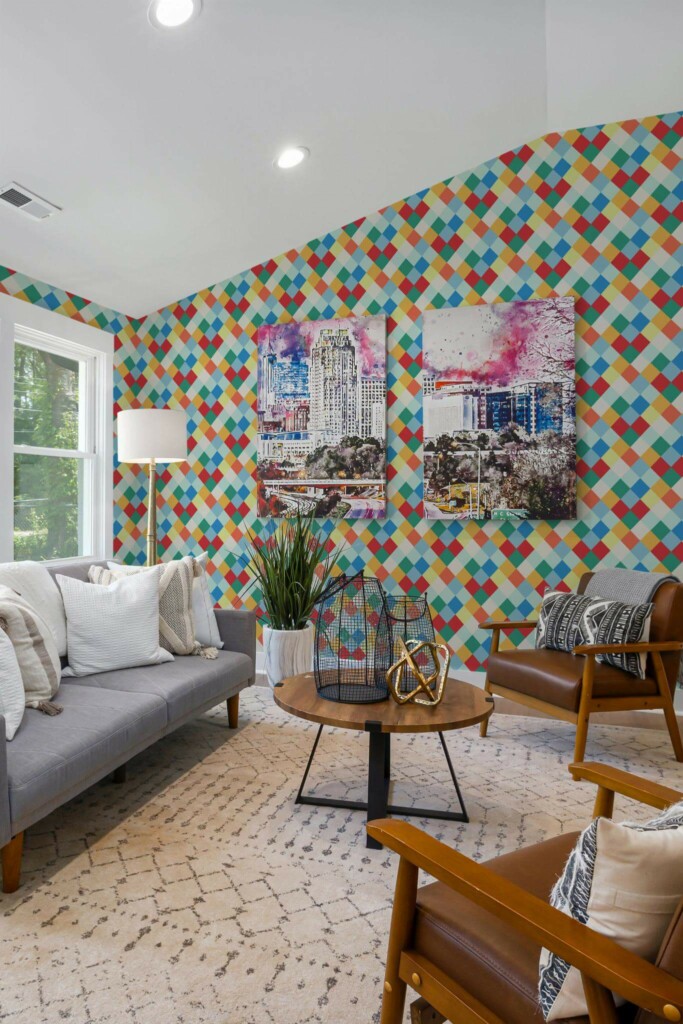 Mid-century modern style living room decorated with Colorful harlequin peel and stick wallpaper and colorful funky artwork