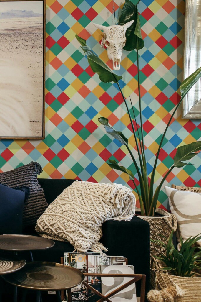 Scandinavian style living room decorated with Colorful harlequin peel and stick wallpaper