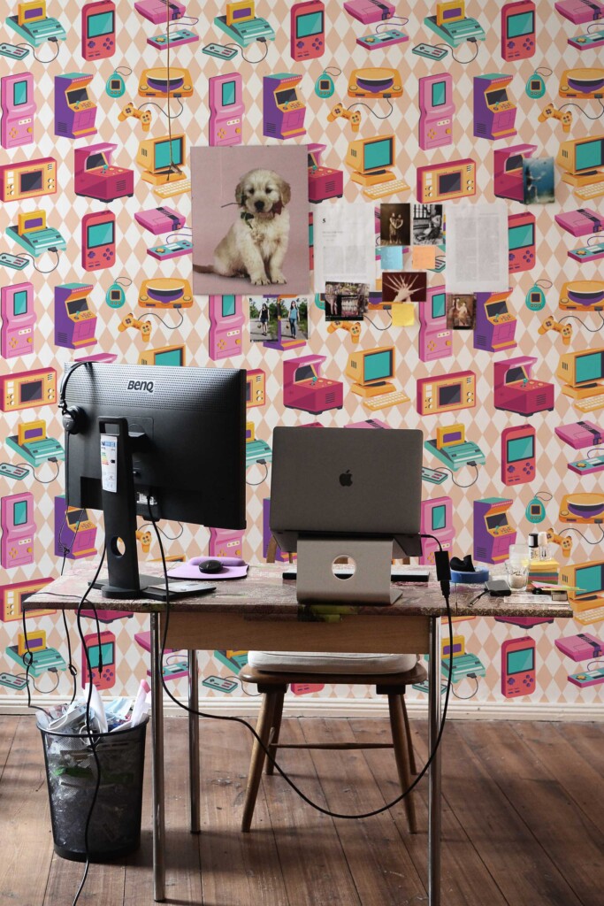 Traditional wallpaper by Fancy Walls with pixel-style arcade game pattern