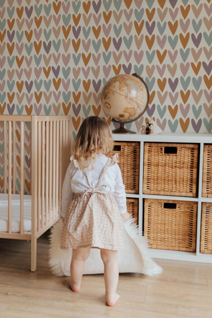 Gender neutral style kids room decorated with Colorful heart peel and stick wallpaper