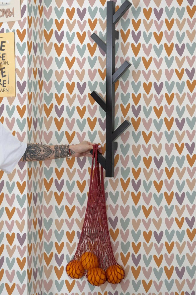 Scandinavian style kitchen decorated with Colorful heart peel and stick wallpaper