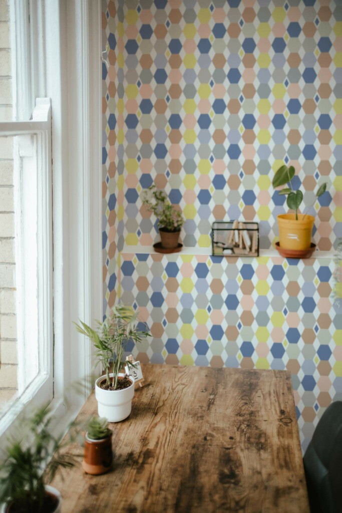 Farmhouse style home office decorated with Colorful hexagon peel and stick wallpaper