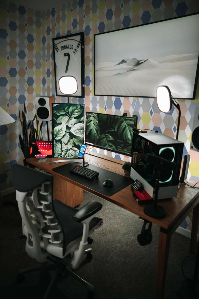 Modern eclectic style gaming room decorated with Colorful hexagon peel and stick wallpaper