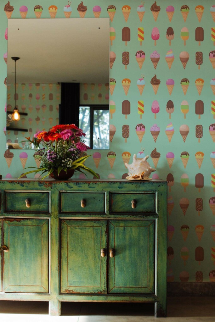 Industrial style living room decorated with Colorful ice cream peel and stick wallpaper