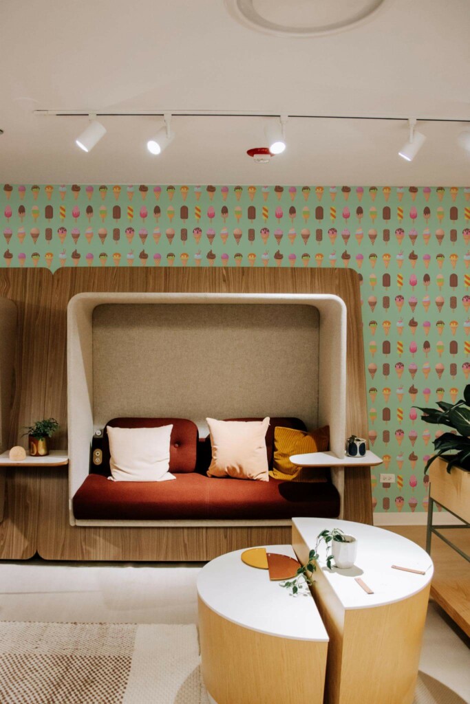 Mid-century modern style bedroom decorated with Colorful ice cream peel and stick wallpaper