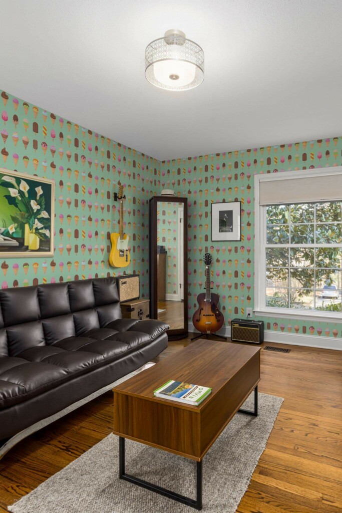 Mid-century style living room decorated with Colorful ice cream peel and stick wallpaper and music instruments