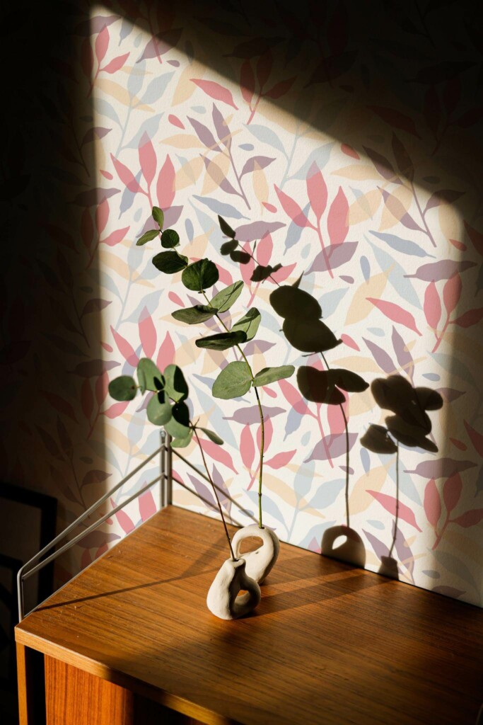 Mid-century style living room decorated with Colorful leaf peel and stick wallpaper