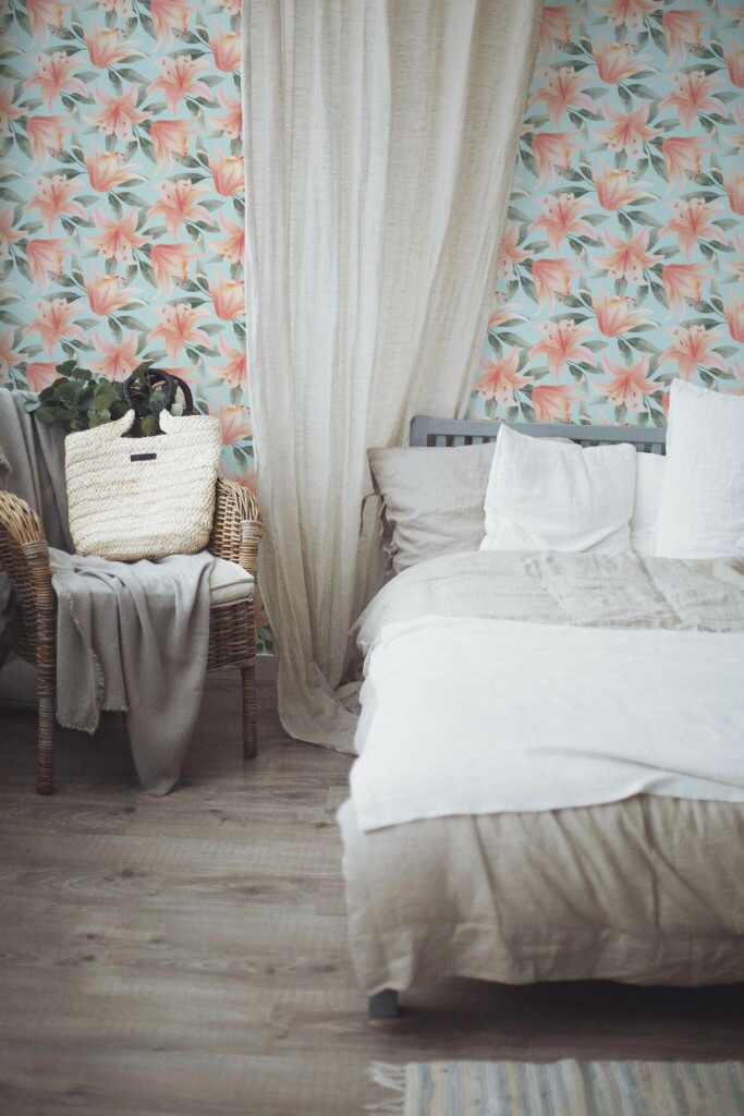 Boho style bedroom decorated with Colorful lily peel and stick wallpaper