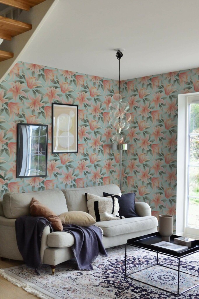 Contemporary style living room and kitchendecorated with Colorful lily peel and stick wallpaper