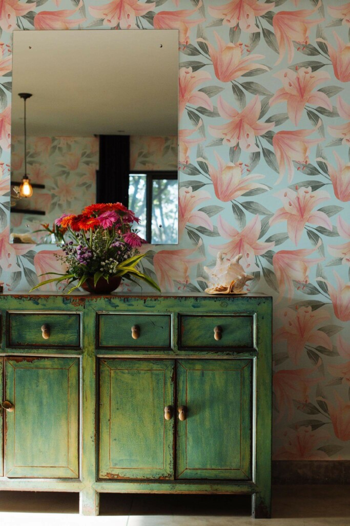 Industrial style living room decorated with Colorful lily peel and stick wallpaper