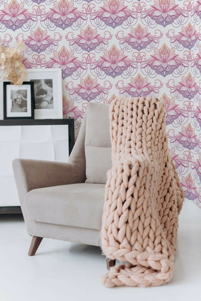 Boho style living room decorated with Colorful lotus peel and stick wallpaper