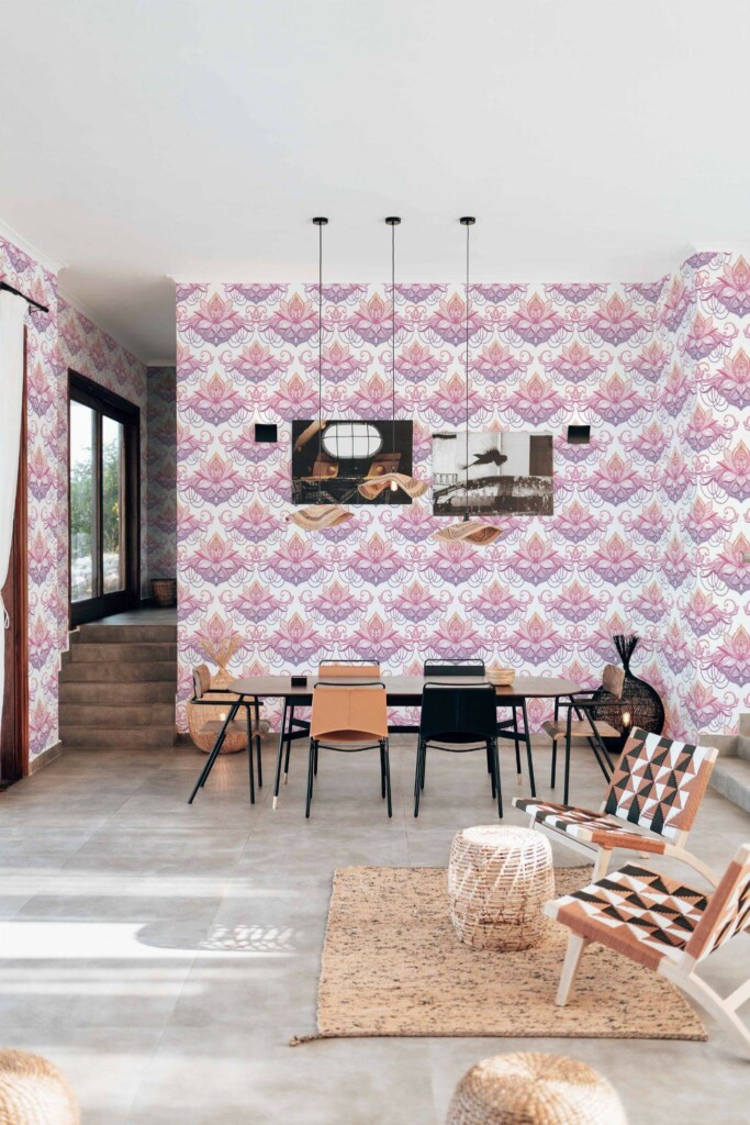 Modern boho style living dining room decorated with Colorful lotus peel and stick wallpaper