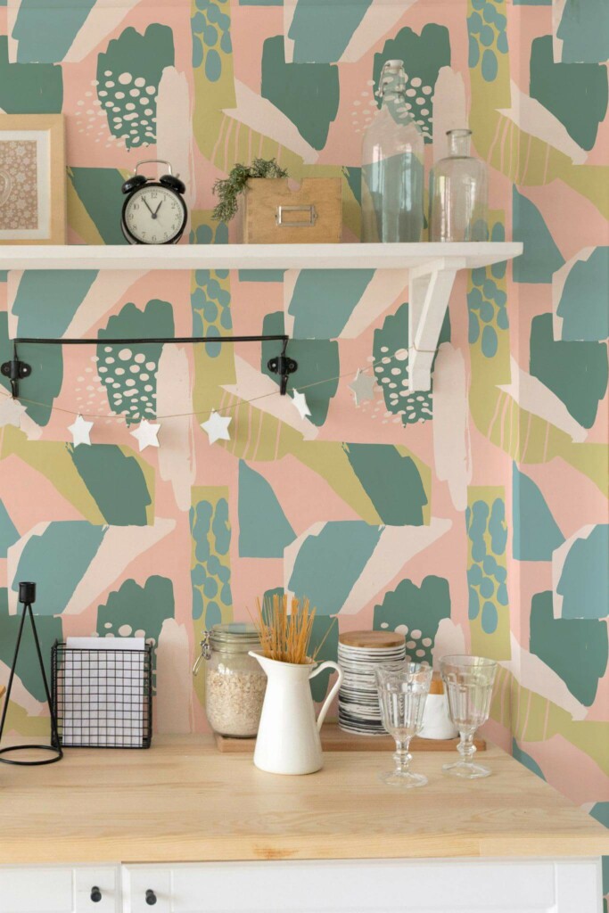 Light farmhouse style kitchen decorated with Colorful modern stroke peel and stick wallpaper