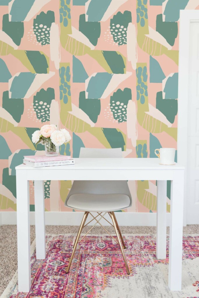 Shabby chic style home office decorated with Colorful modern stroke peel and stick wallpaper