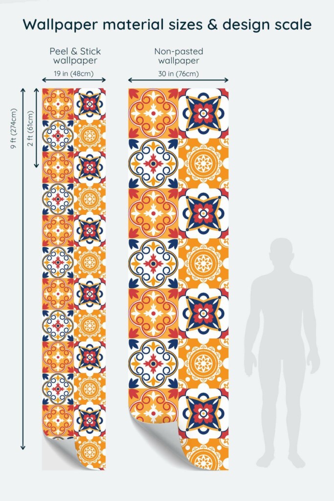 Size comparison of Colorful moroccan tile Peel & Stick and Non-pasted wallpapers with design scale relative to human figure