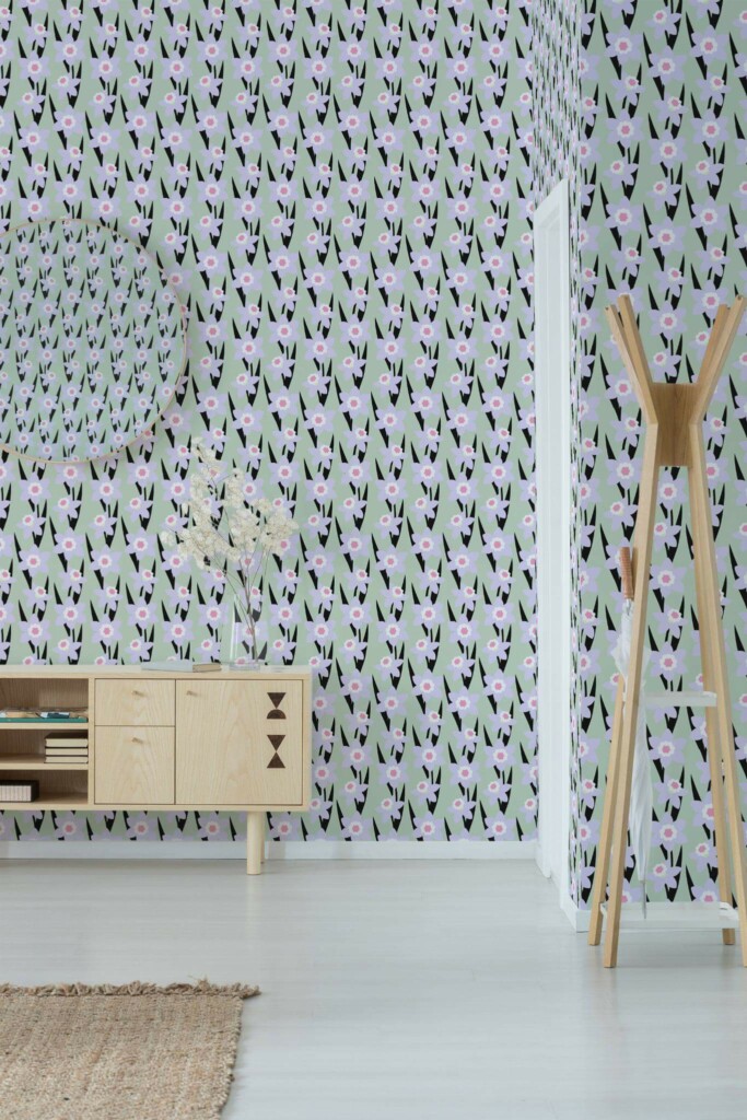Minimal style entryway decorated with Colorful narcissus floral peel and stick wallpaper