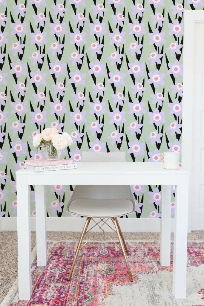 Shabby chic style home office decorated with Colorful narcissus floral peel and stick wallpaper