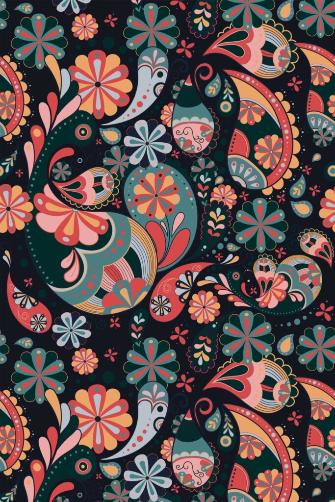 Pattern repeat of Colorful paisley removable wallpaper design