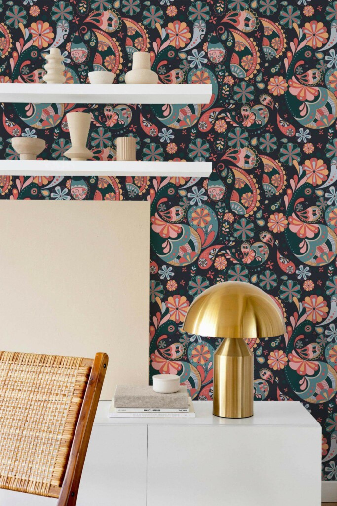 Modern style dining room decorated with Colorful paisley peel and stick wallpaper