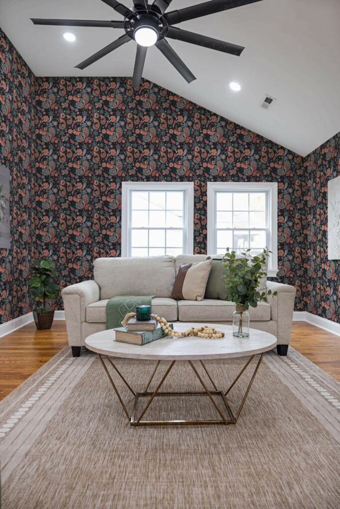 Scandinavian style living room decorated with Colorful paisley peel and stick wallpaper