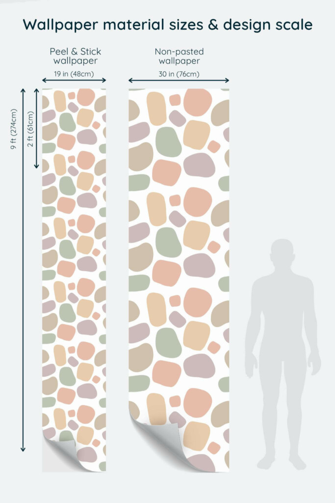 Size comparison of Colorful pebbles Peel & Stick and Non-pasted wallpapers with design scale relative to human figure