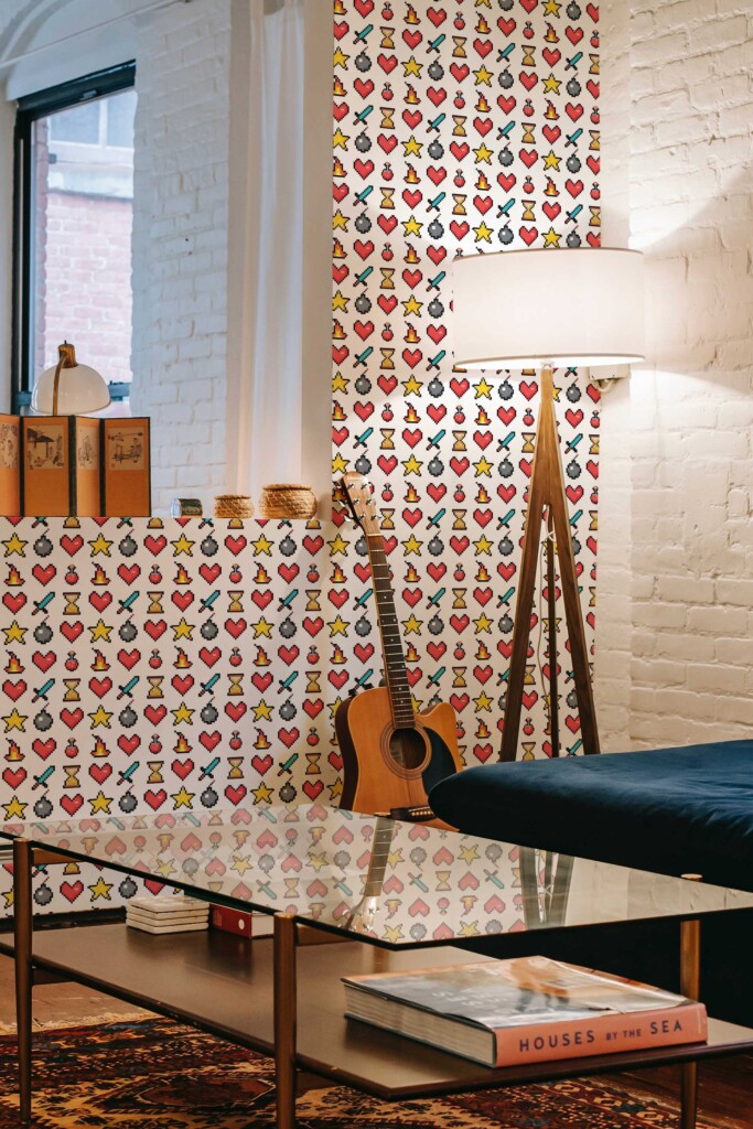 Fancy Walls peel and stick wallpaper with colorful pixel hearts and swords