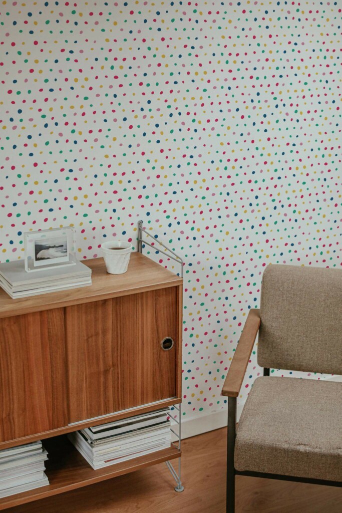 Mid-century style living room decorated with Colorful polka dot peel and stick wallpaper