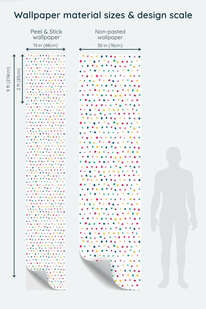 Size comparison of Colorful polka dot Peel & Stick and Non-pasted wallpapers with design scale relative to human figure