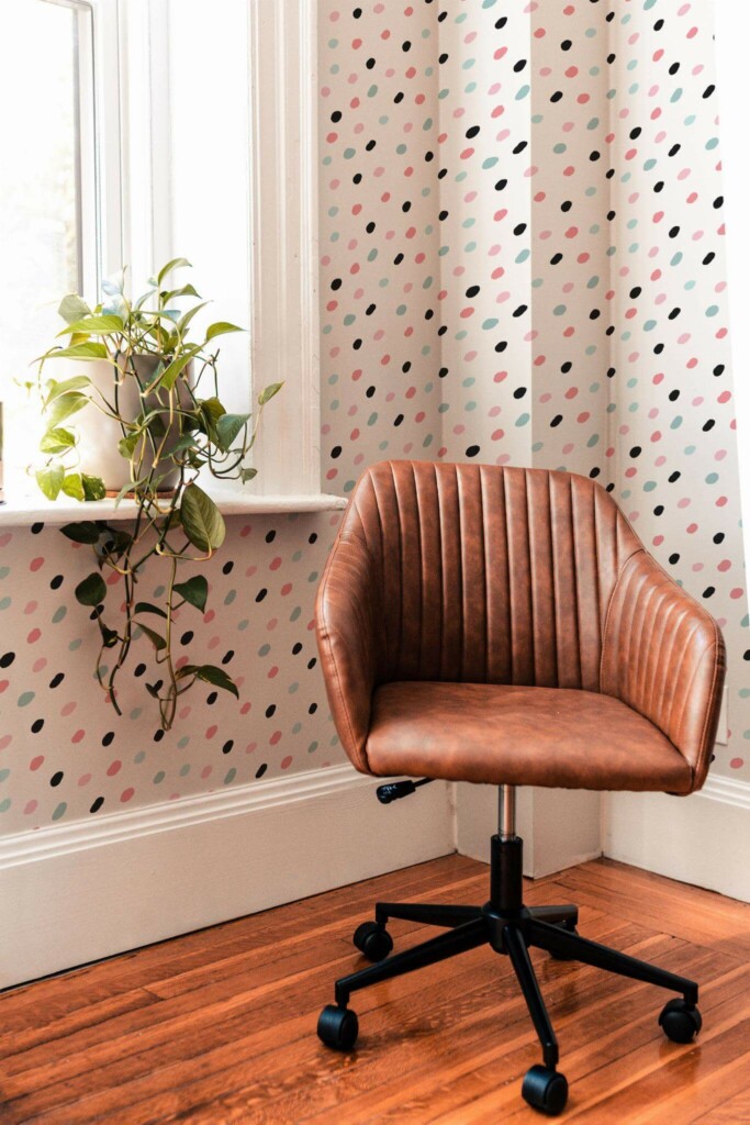Mid-century modern style living room decorated with Colorful polka dots peel and stick wallpaper