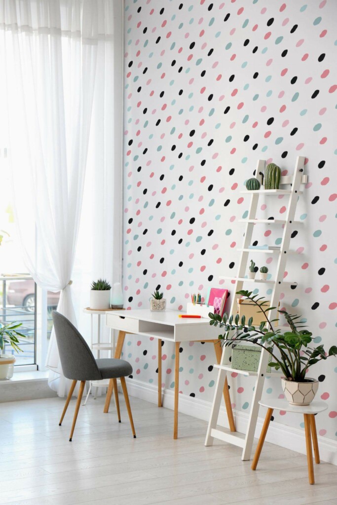 Scandinavian style home office decorated with Colorful polka dots peel and stick wallpaper