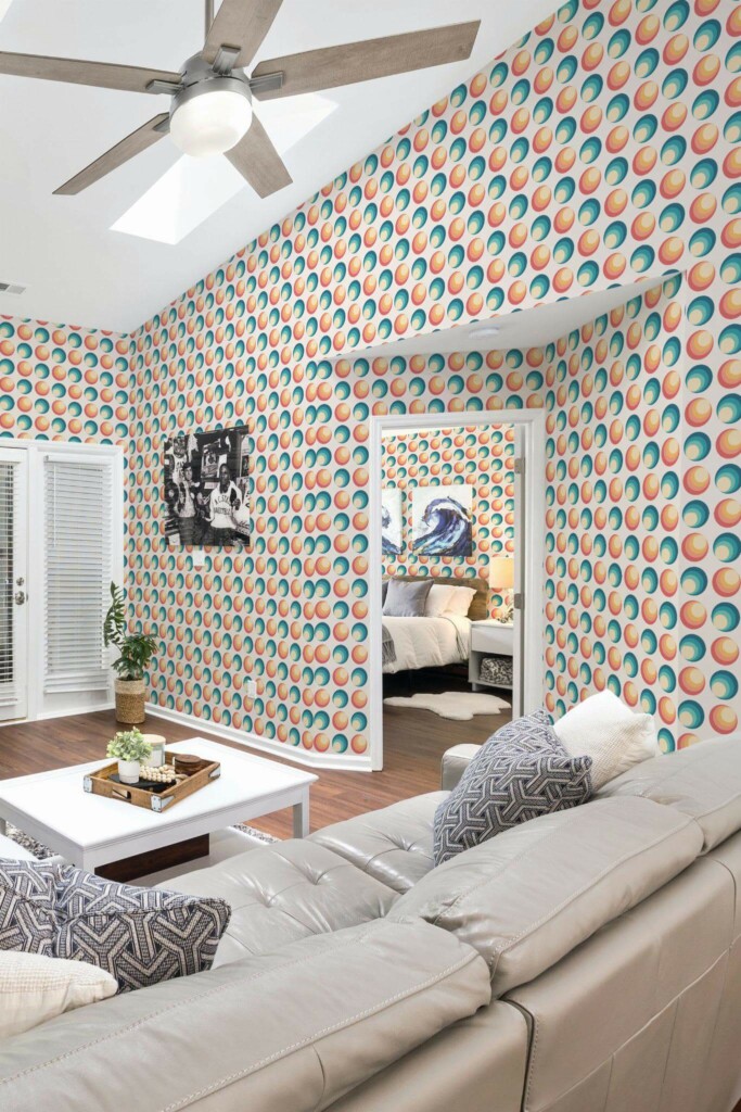 Coastal scandinavian style living room and bedroom decorated with Colorful retro circles peel and stick wallpaper