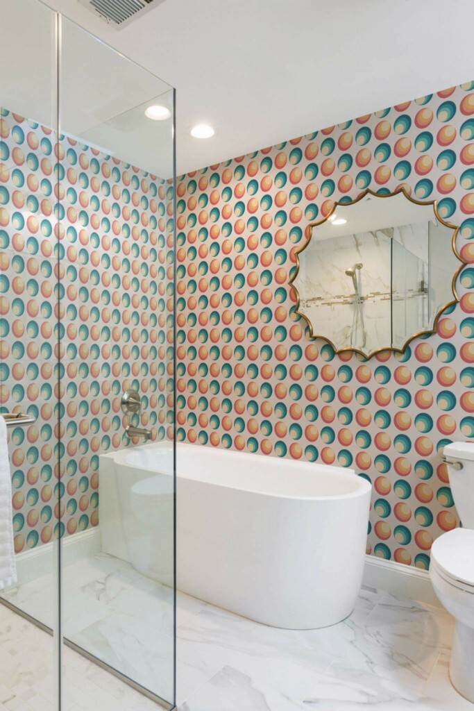 Minimal modern style bathroom decorated with Colorful retro circles peel and stick wallpaper