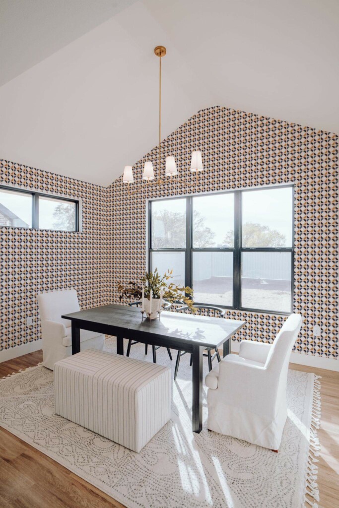 Elegant minimal style dining room decorated with Colorful retro geometric peel and stick wallpaper