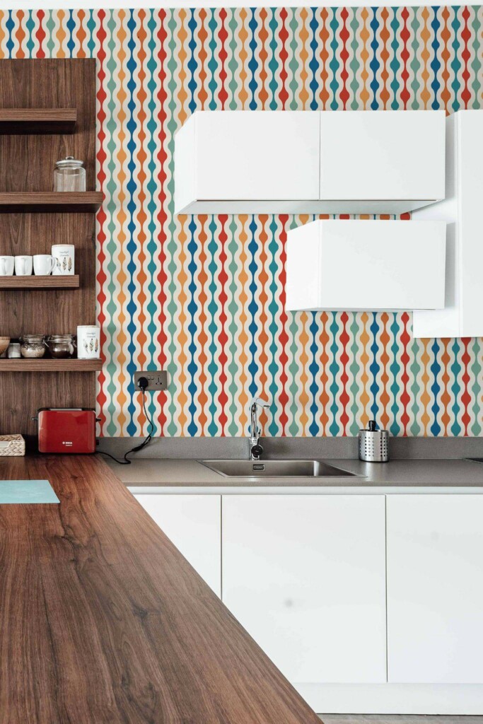 Rustic Scandinavian style kitchen decorated with Colorful Retro peel and stick wallpaper