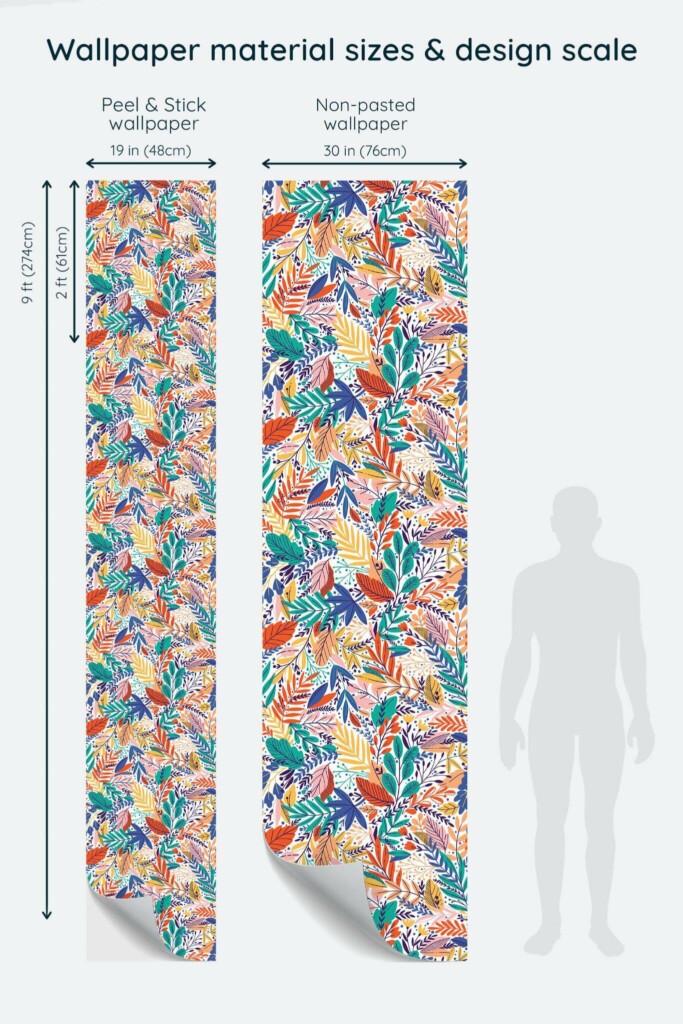 Size comparison of Colorful scandinavian Peel & Stick and Non-pasted wallpapers with design scale relative to human figure