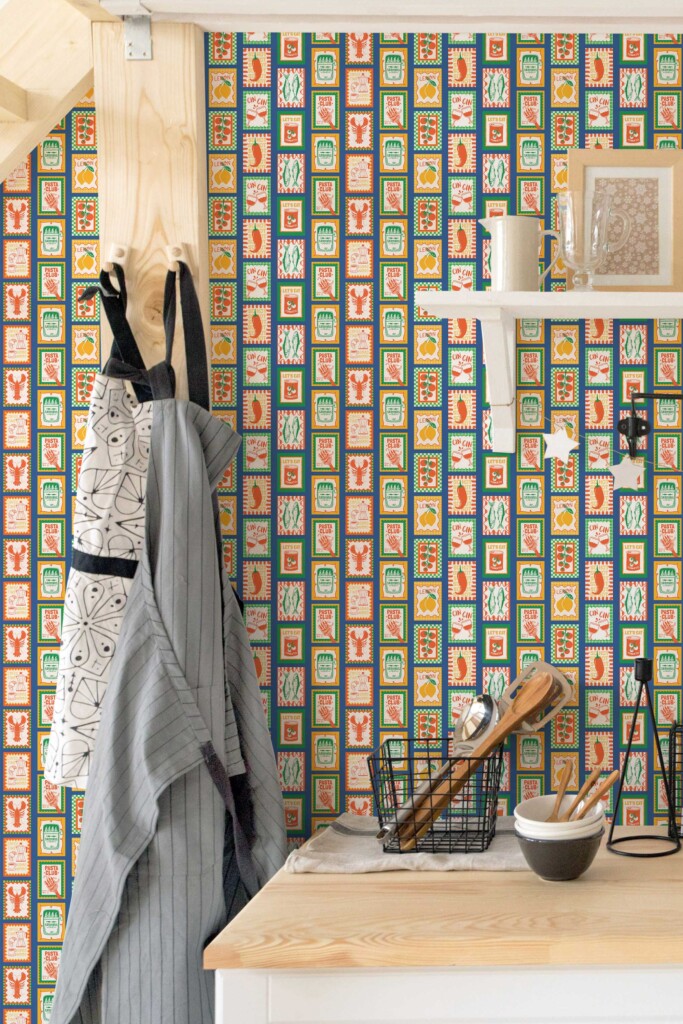 Mediterranean Kitchen wallpaper peel and stick or non-pasted. Fancy Walls self-adhesive or traditional vintage style Italian food postal stamp wallpaper for kitchen, dining room and other creative spaces
