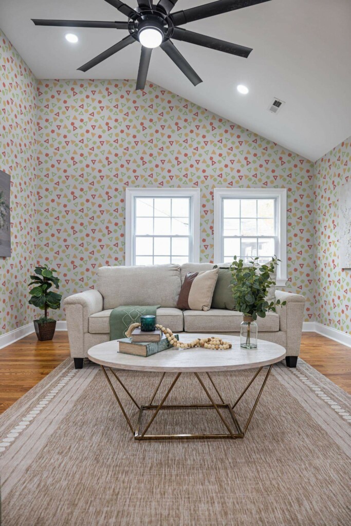Scandinavian style living room decorated with Colorful Shapes peel and stick wallpaper
