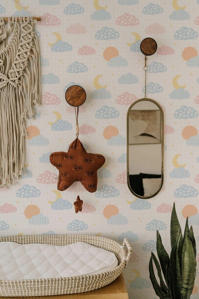Boho style neutral nursery decorated with Colorful sky peel and stick wallpaper